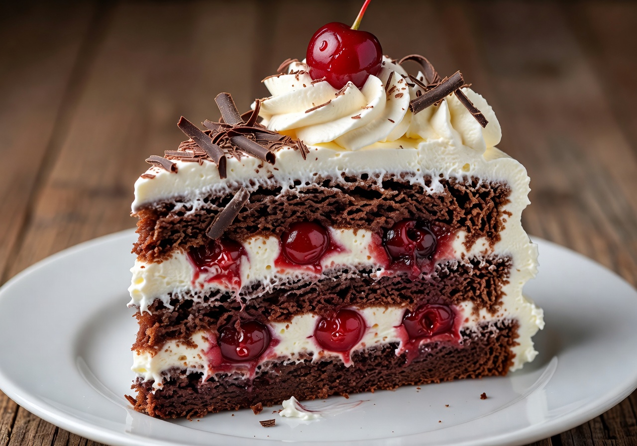 A generous slice of authentic Black Forest cherry cake with cream