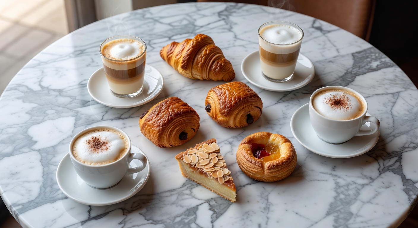 Artistic overhead view of coffee cups and pastries on a marble café table