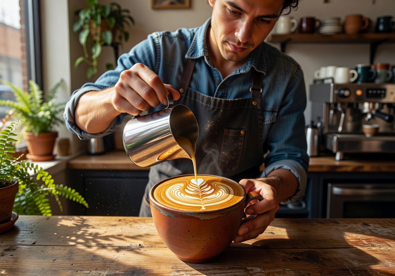 Barista crafting intricate latte art in a ceramic cup