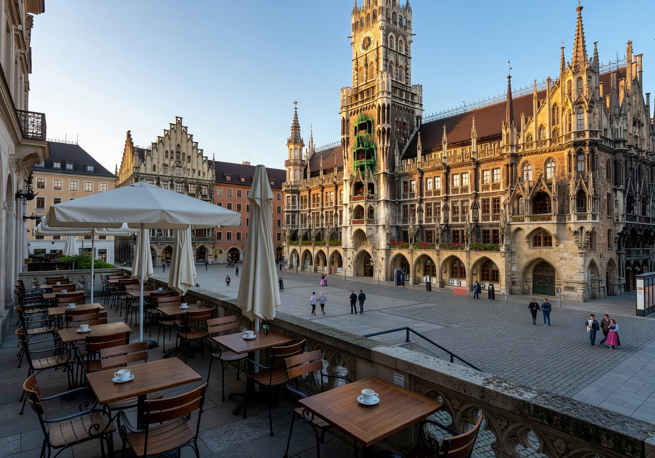 Café Glockenspiel terrace overlooking Marienplatz Munich with ornate Gothic architecture