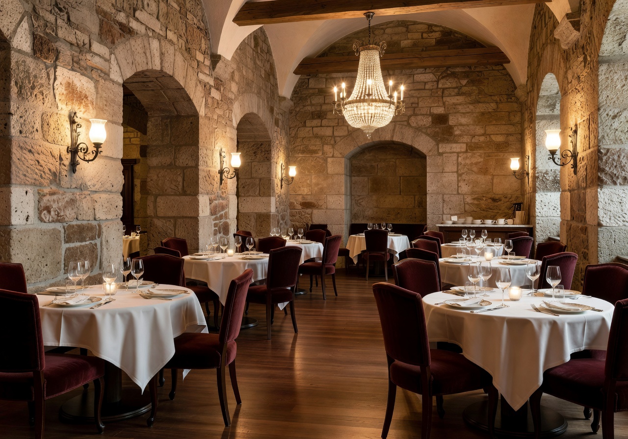Café Pfistermühle elegant interior with restored stone walls and warm ambient lighting