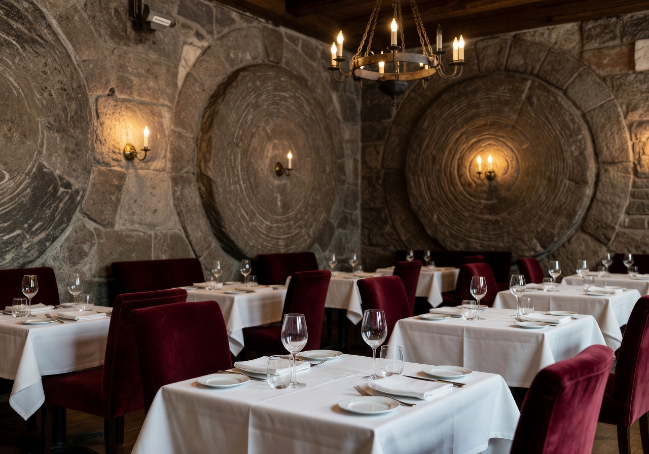 Café Pfistermühle interior with restored historic mill stone walls and elegant table settings