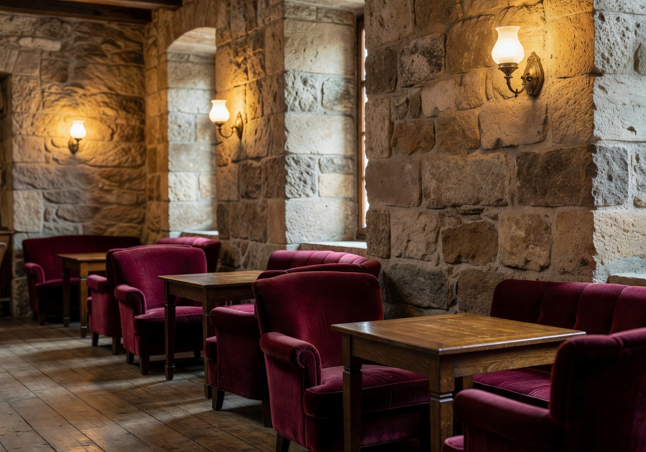 Café Pfistermühle interior with restored stone walls and elegant seating