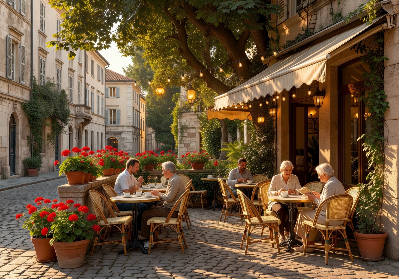 Charming European café terrace bathed in warm golden afternoon light