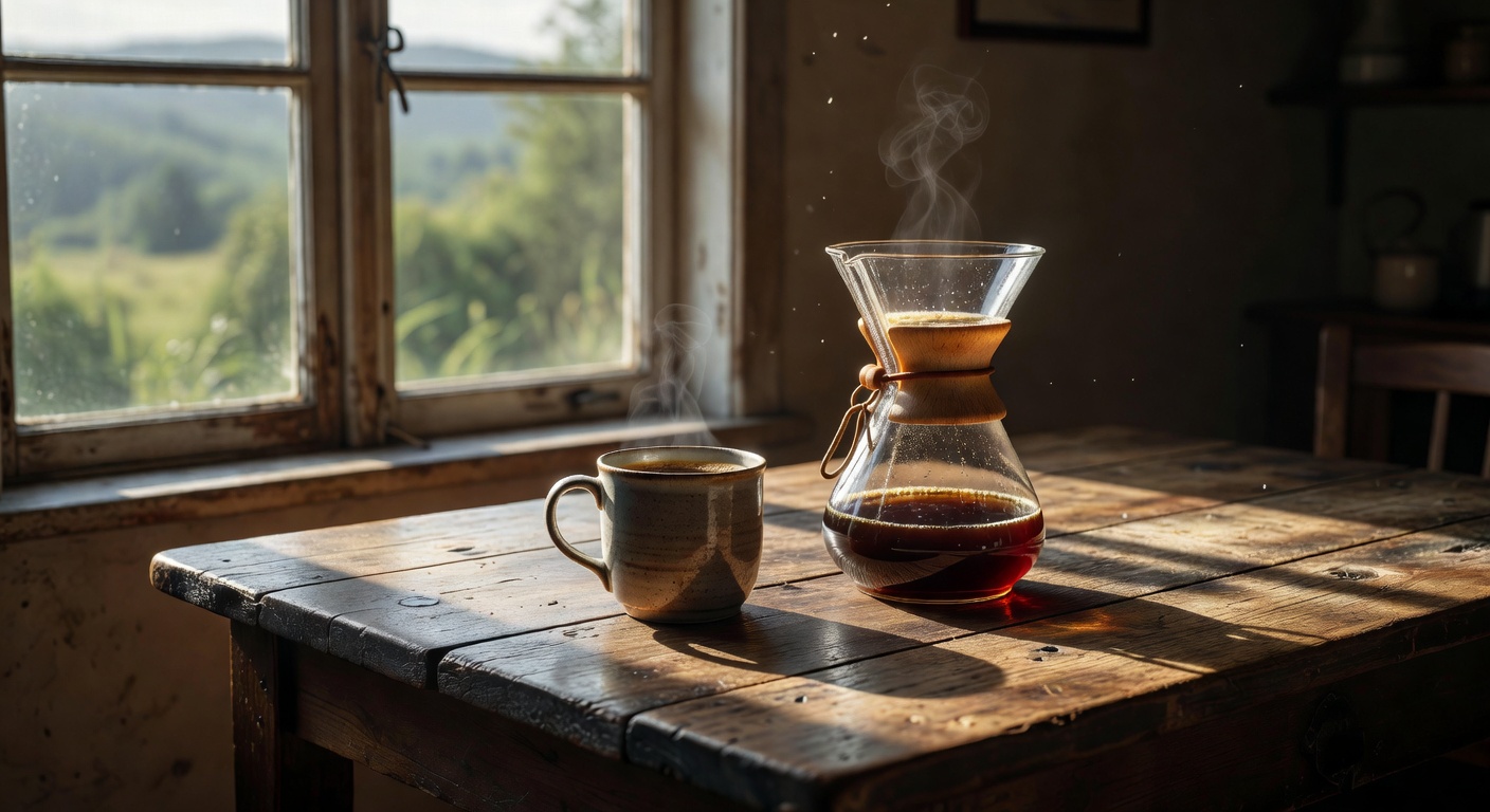 Freshly brewed coffee on a rustic wooden table beside a sunlit window