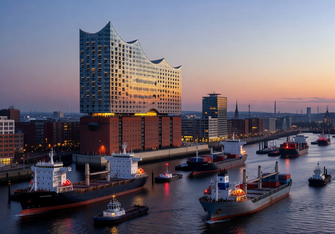 Hamburg Elbphilharmonie building and harbor panorama with ships and city skyline at dusk
