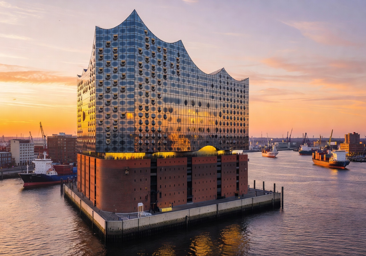 Hamburg Elbphilharmonie glass facade with harbor panorama and ships at golden hour