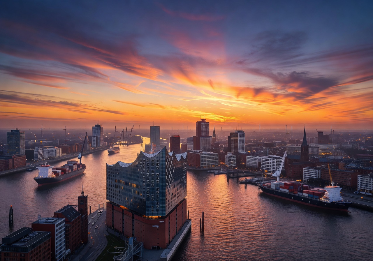 Hamburg harbor and city skyline viewed from Elbphilharmonie at dusk