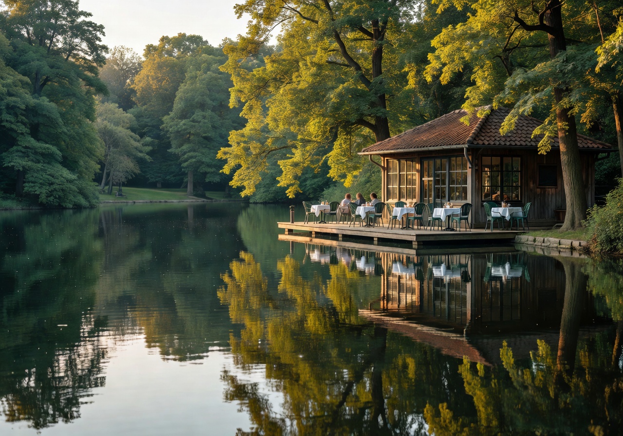 Lakeside café at Neues See in Berlin Tiergarten park with trees reflecting on calm water