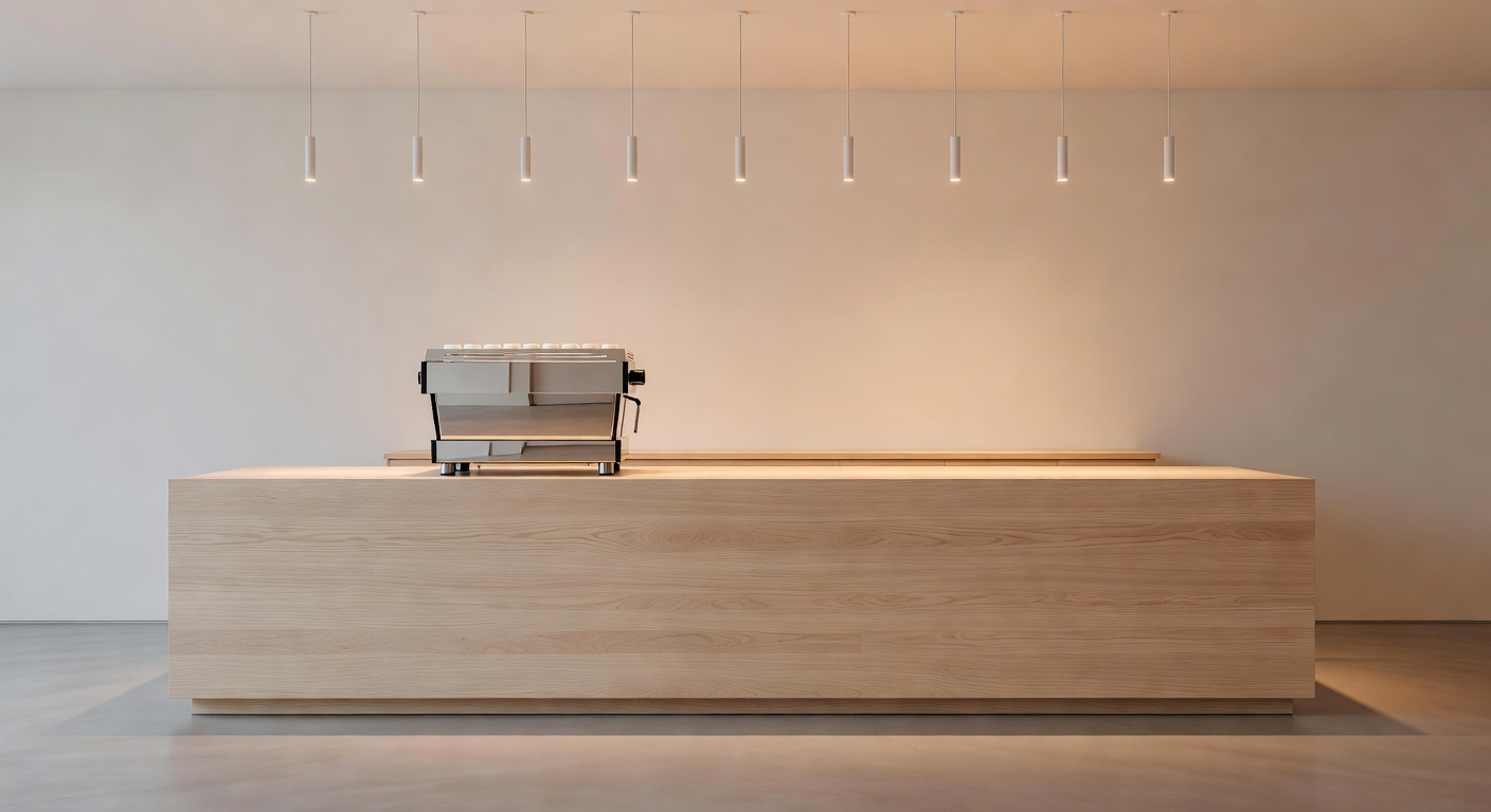 Minimalist café counter with espresso machine and warm overhead lighting