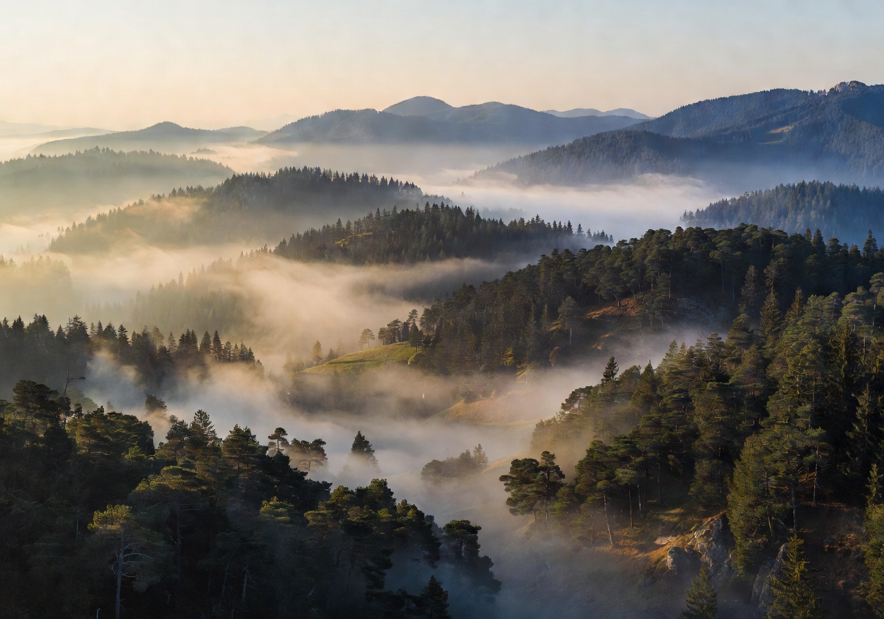 Misty Black Forest mountain panorama with layers of pine-covered hills at dawn