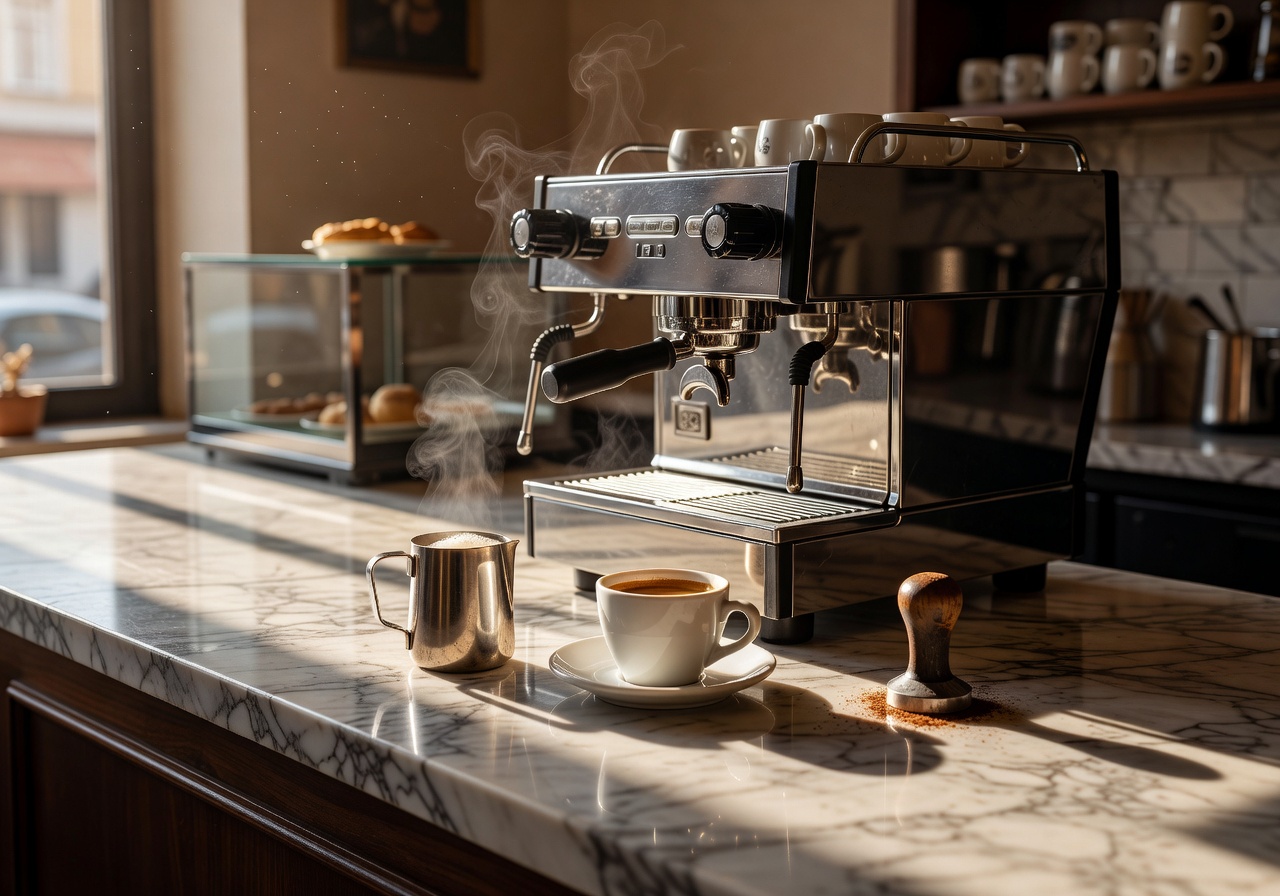 Morning espresso ritual with sunlight on a café countertop