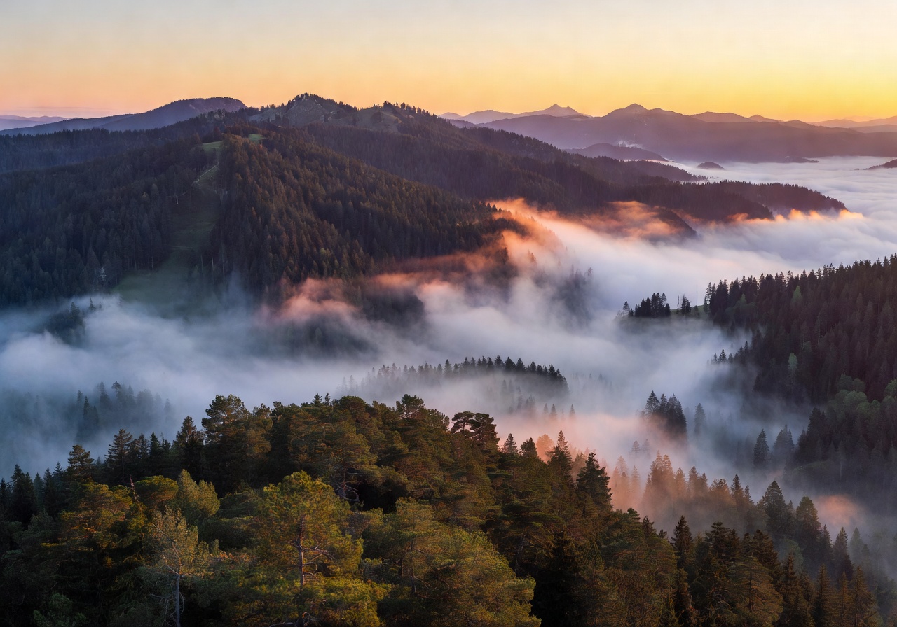 Panoramic Black Forest mountain view with misty valleys and dense pine trees at sunrise
