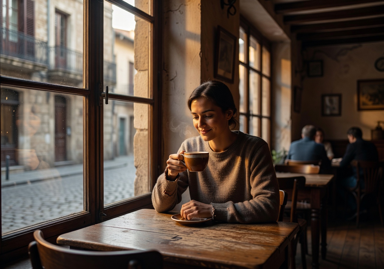 Person enjoying coffee alone at a window seat in a European café with warm light
