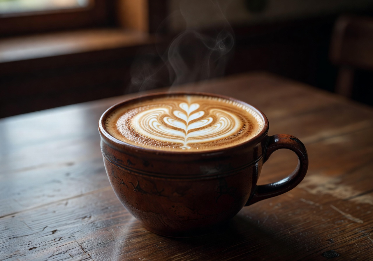 Rich Bavarian coffee in a ceramic cup with latte art on a wooden table