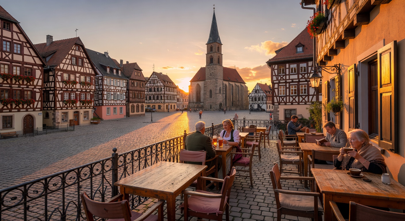 Scenic café terrace overlooking a German town square at golden hour