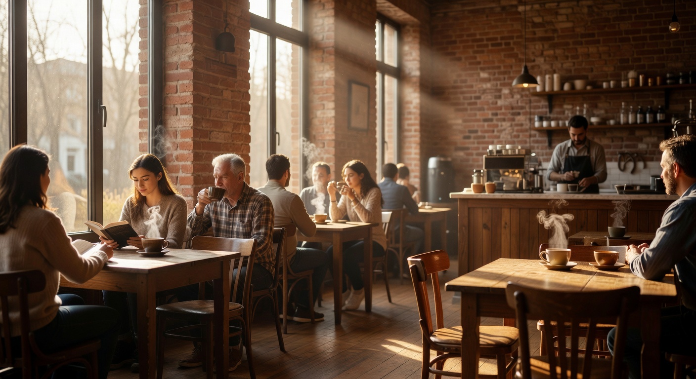 Warm café interior with morning sunlight streaming through large windows